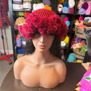 Red Crochet fur ruffle hat